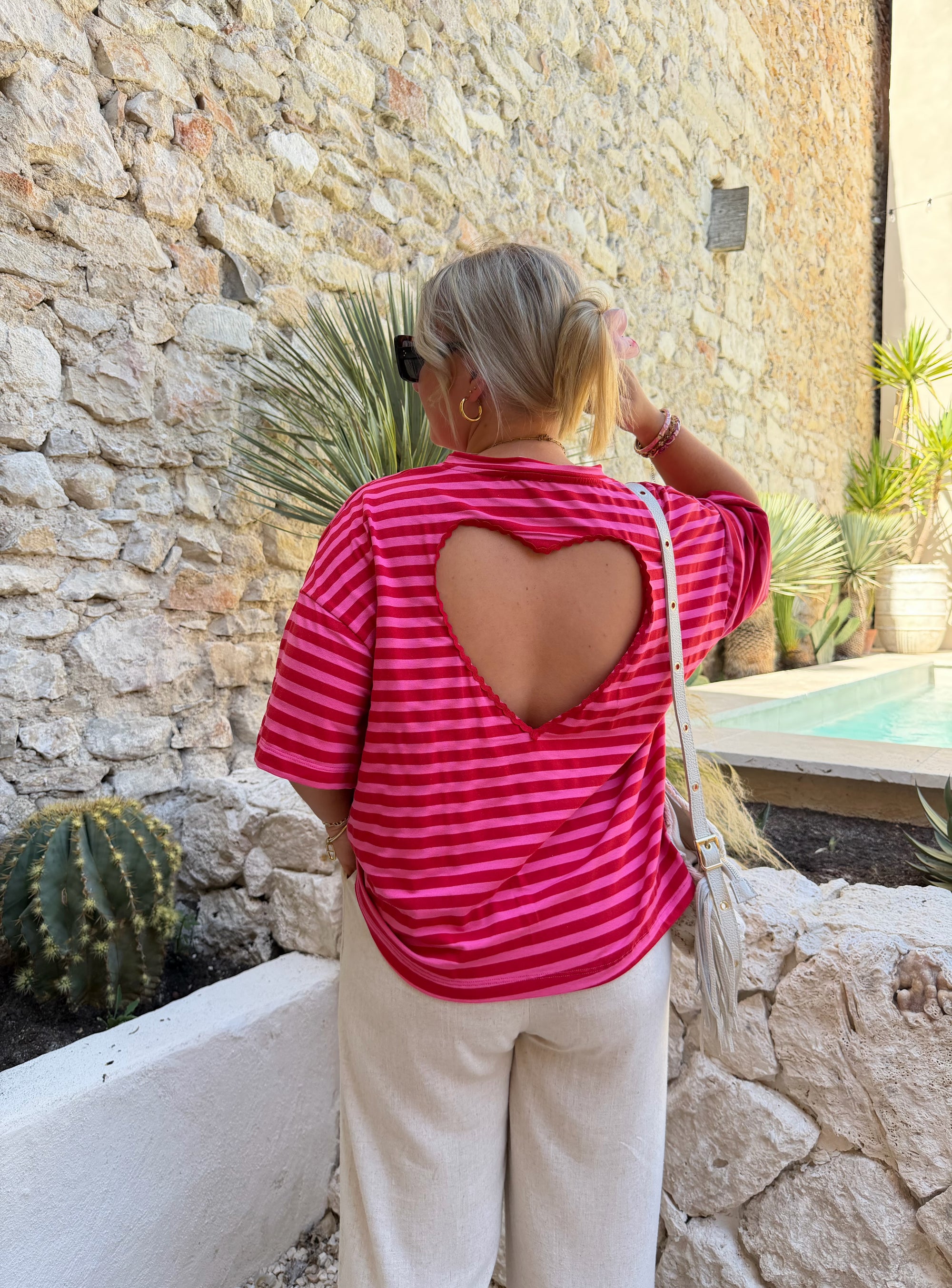 HAUT RAYÉ CŒUR ROSE &amp; ROUGE