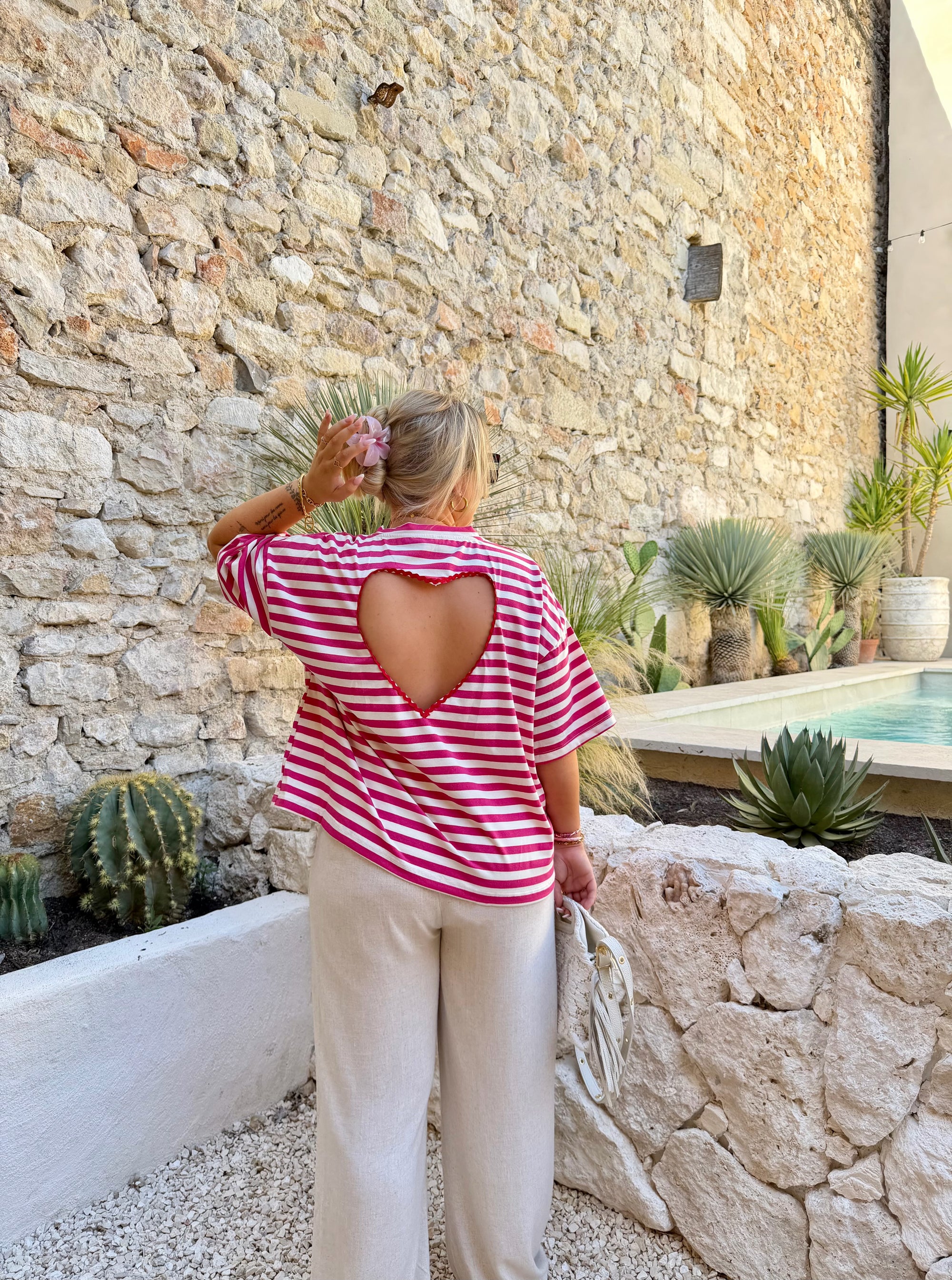 HAUT RAYÉ CŒUR ROSE