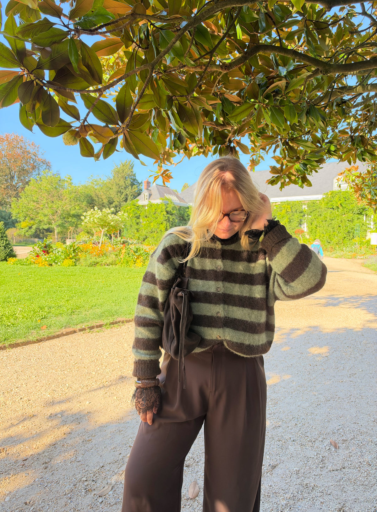 GILET CHLOÉ RAYÉ KAKI &amp; CHOCOLAT
