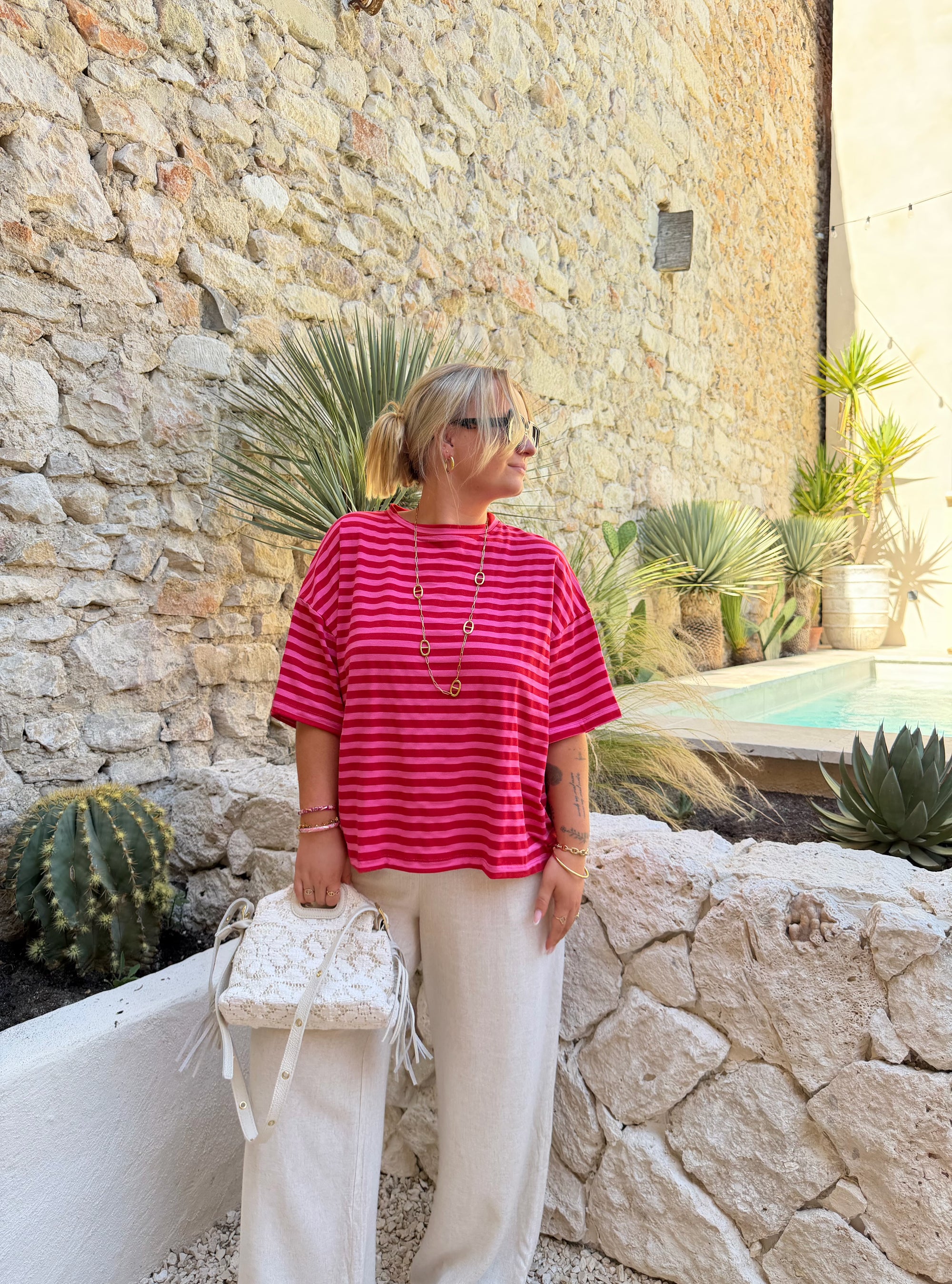 HAUT RAYÉ CŒUR ROSE &amp; ROUGE