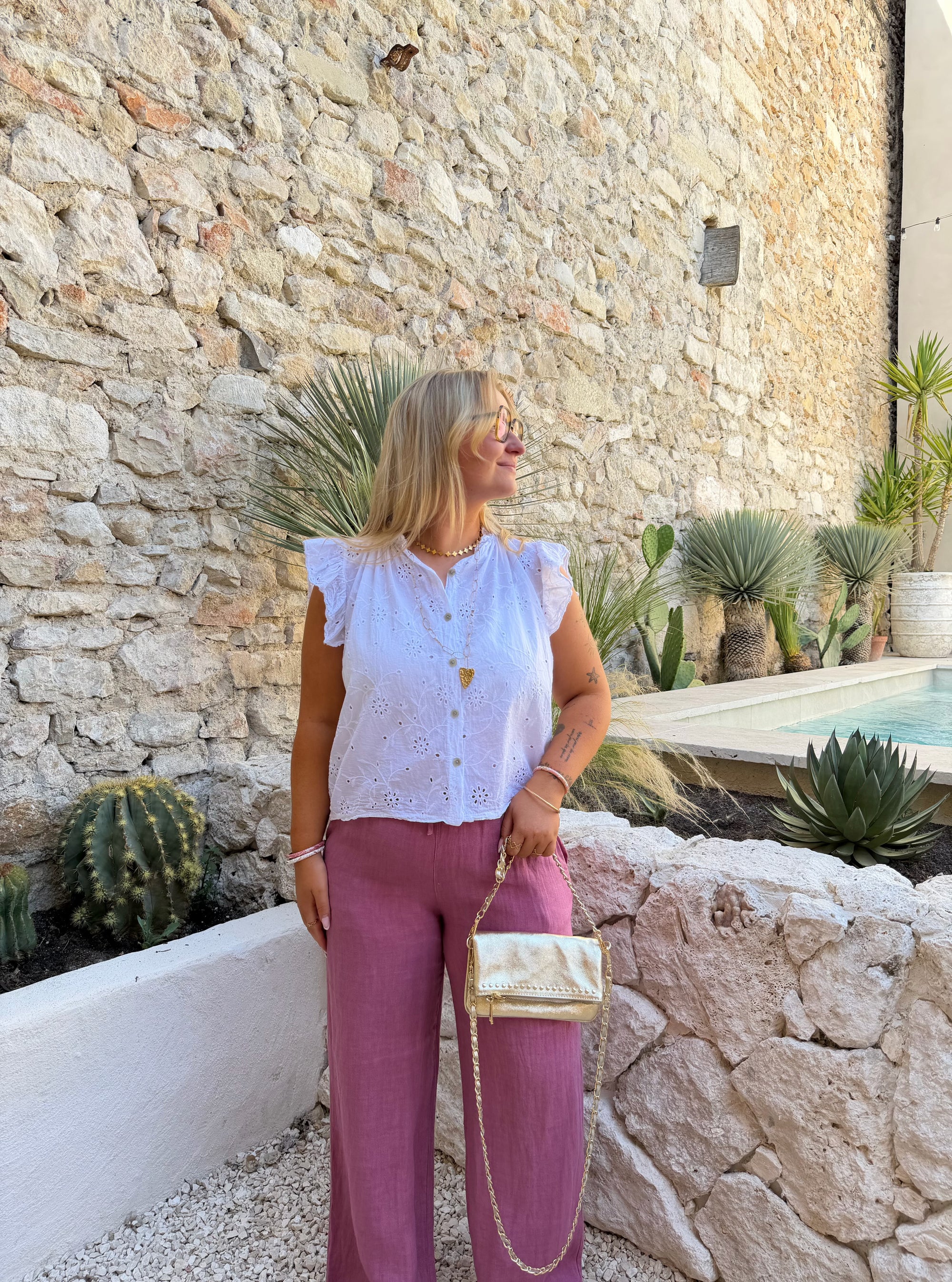 PANTALON LIN FRAMBOISE