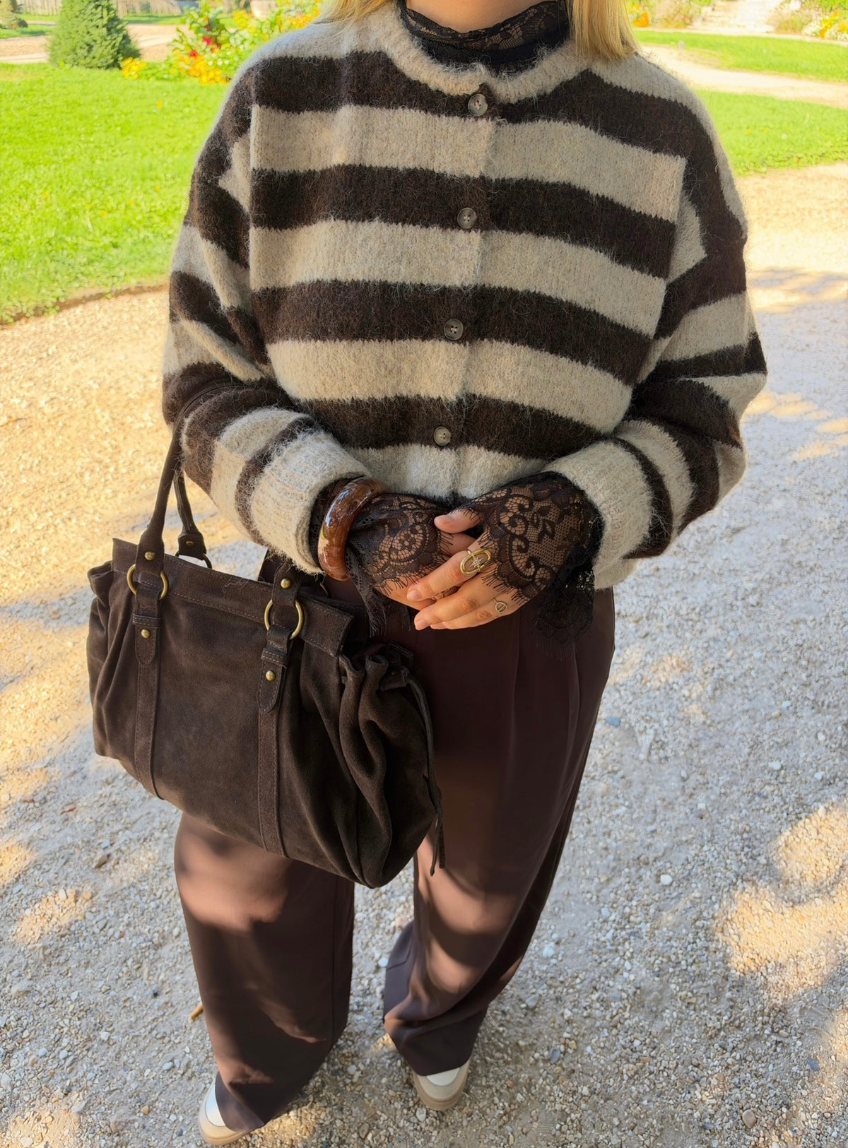 GILET CHLOÉ RAYÉ TAUPE &amp; CHOCOLAT