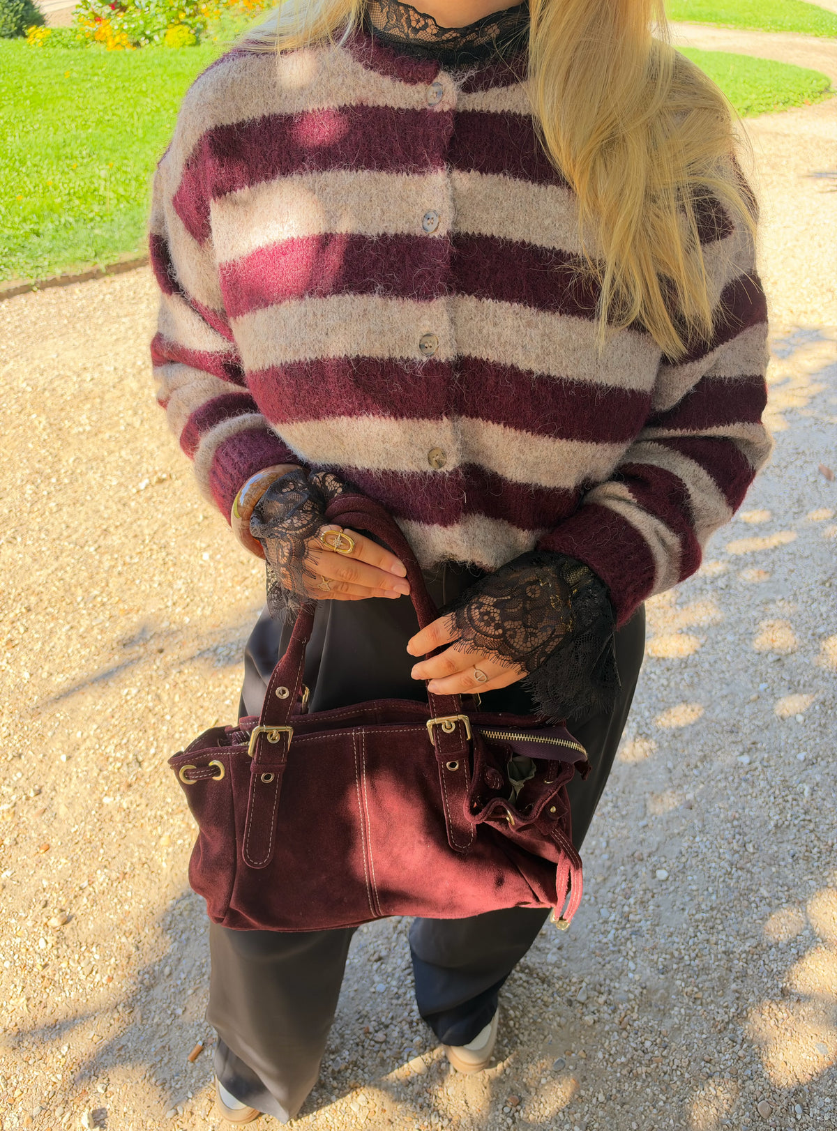 GILET CHLOÉ RAYÉ BORDEAUX &amp; TAUPE
