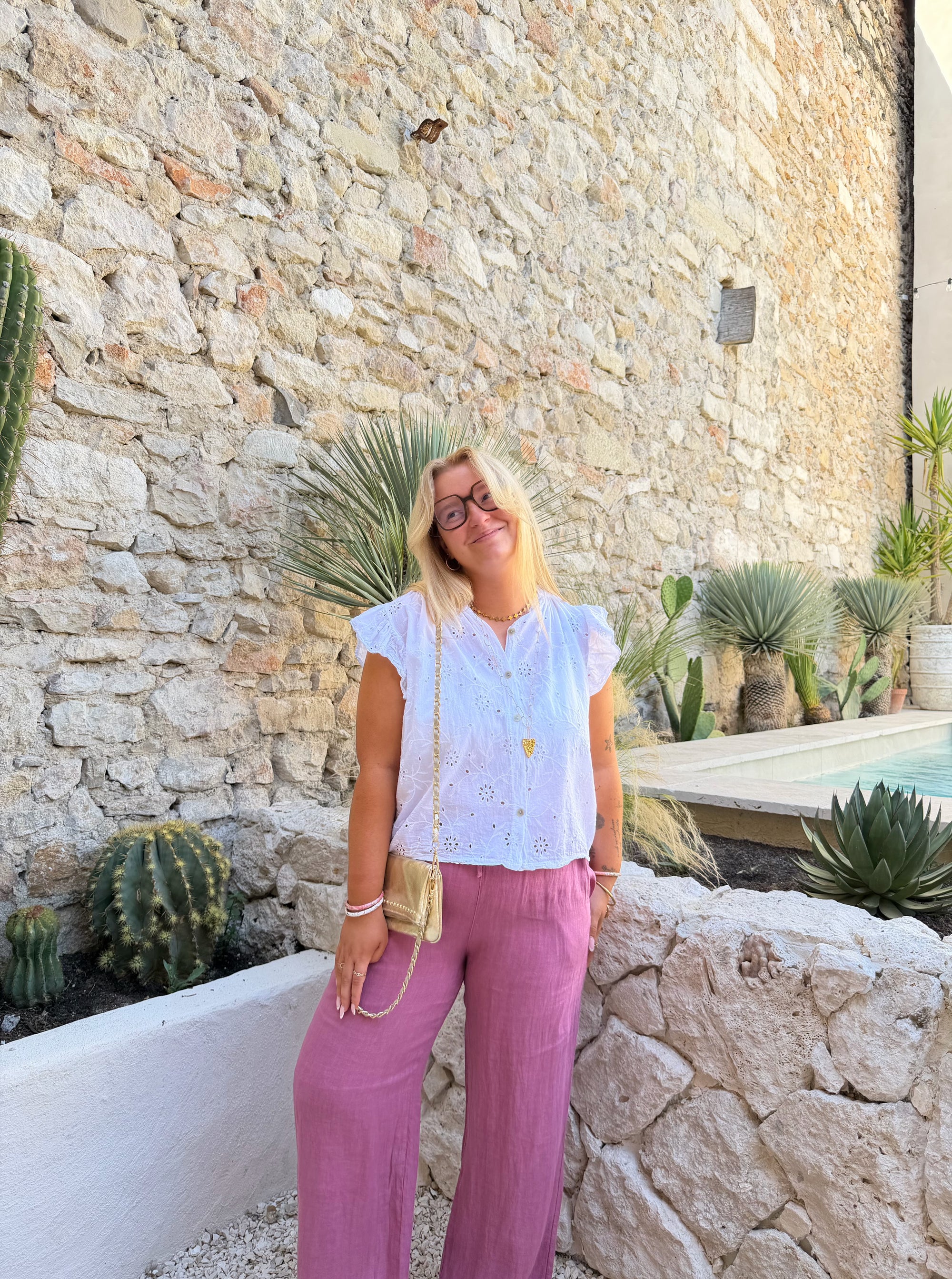 PANTALON LIN FRAMBOISE