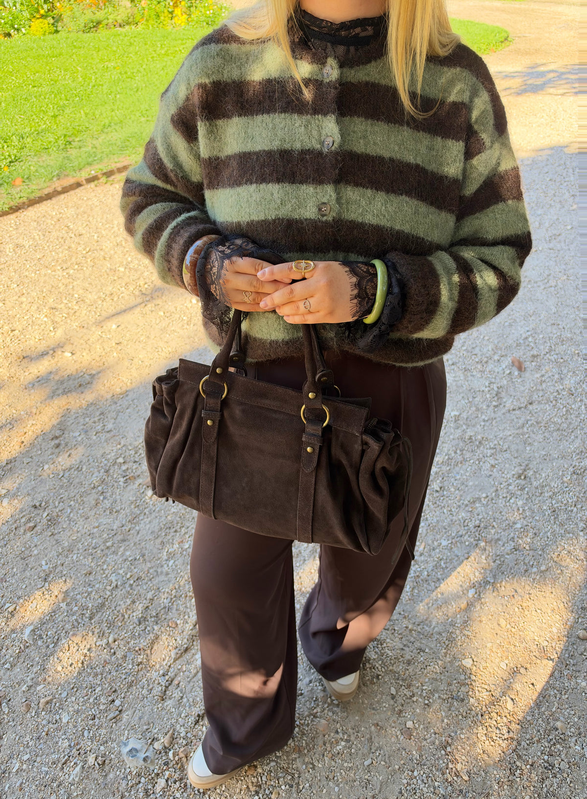 GILET CHLOÉ RAYÉ KAKI &amp; CHOCOLAT