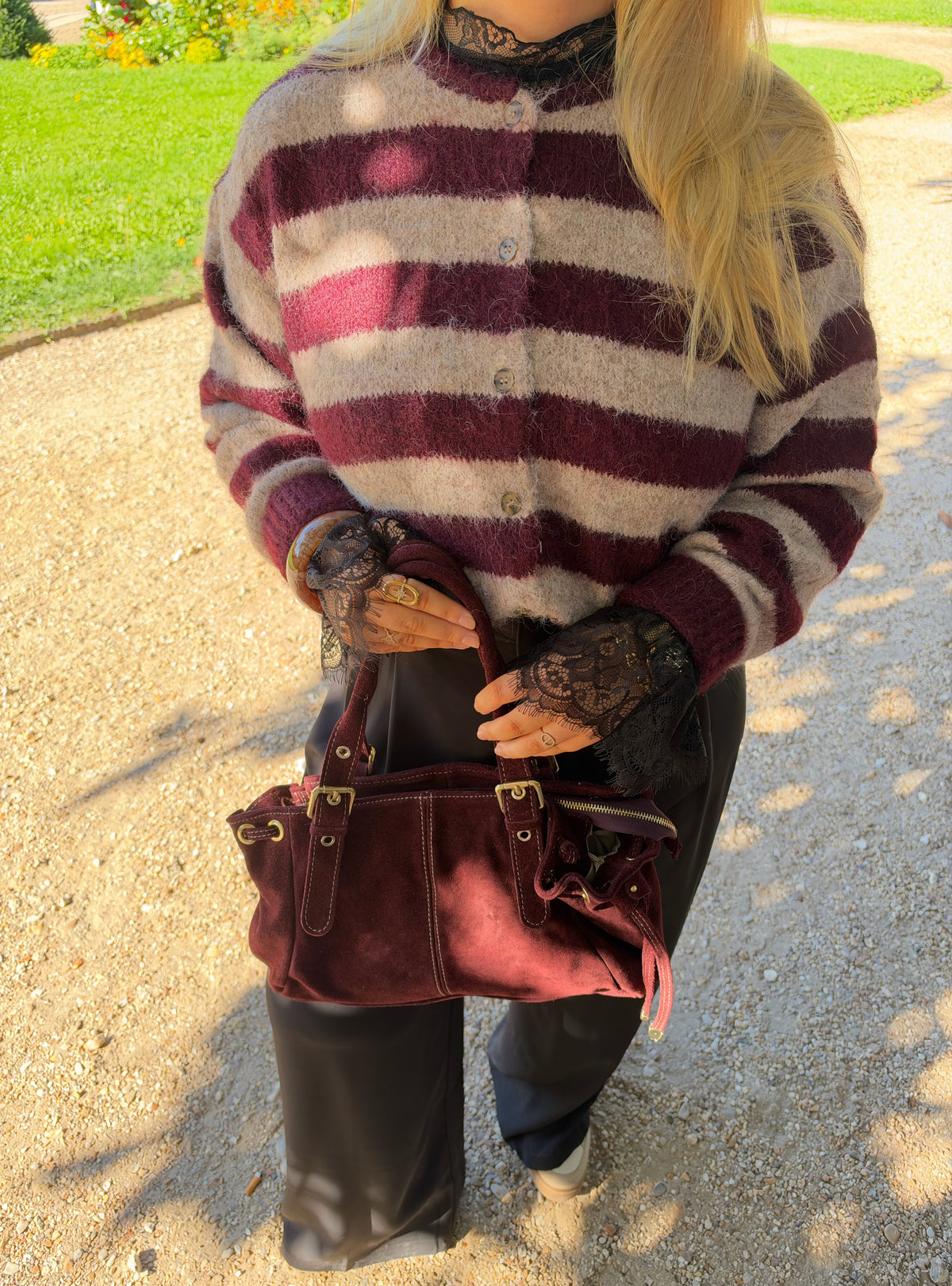 GILET CHLOÉ RAYÉ BORDEAUX &amp; TAUPE