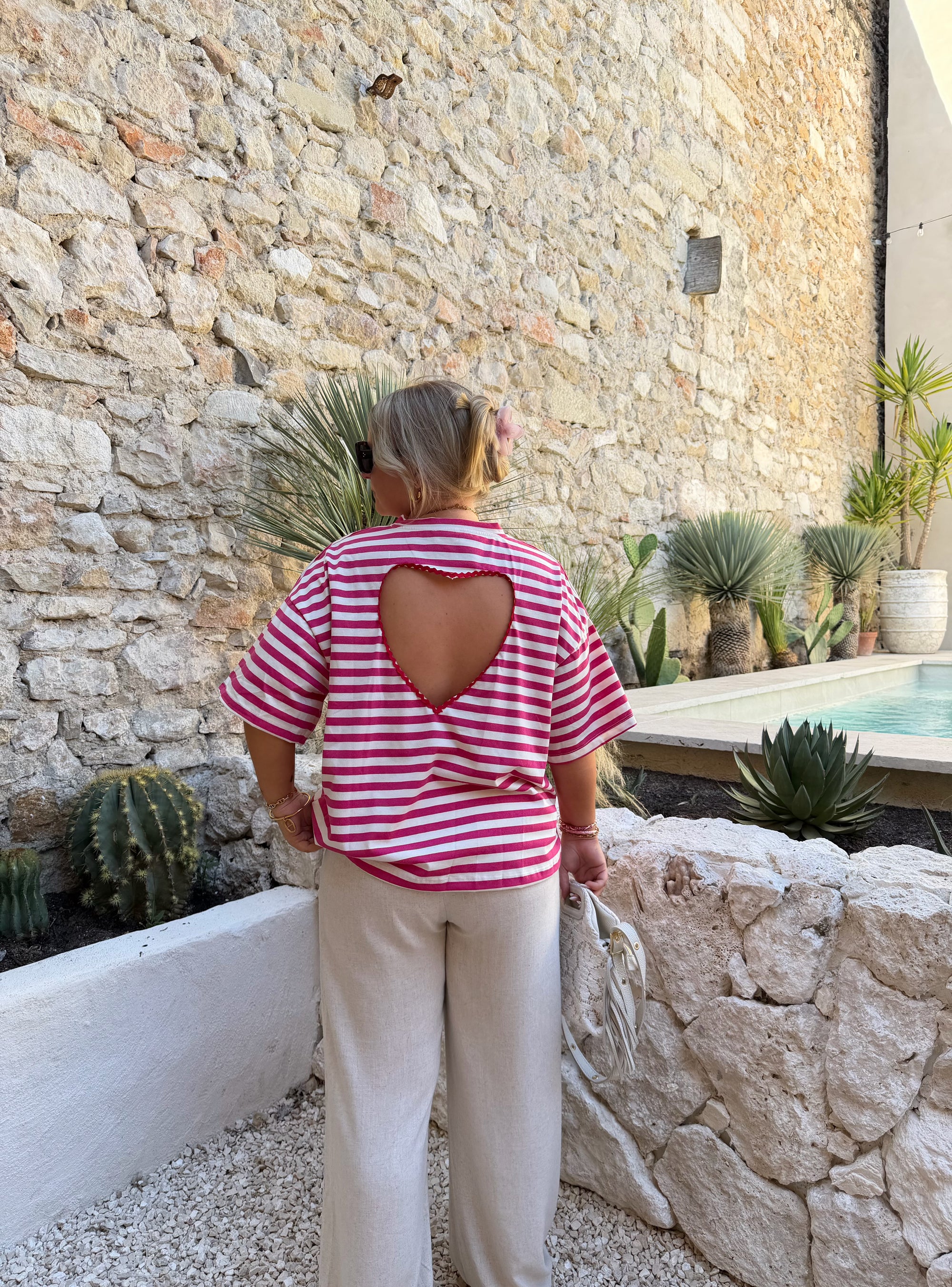 HAUT RAYÉ CŒUR ROSE